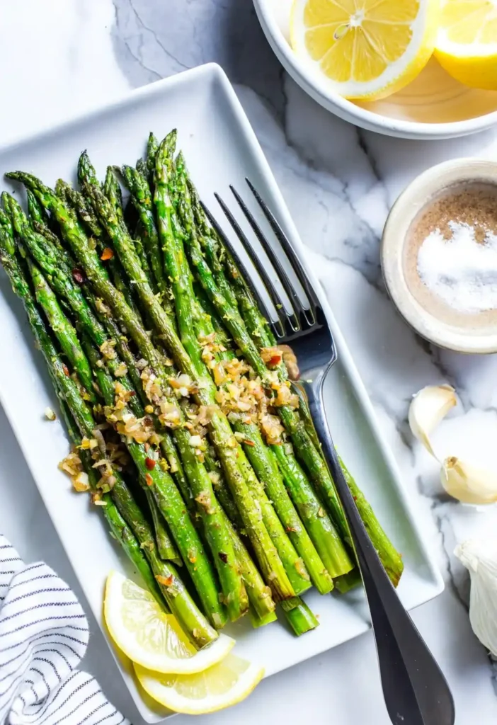 Gebratener grüner Spargel aus der Pfanne mit Knoblauch und Zitrone – einfaches Spargel braten Rezept