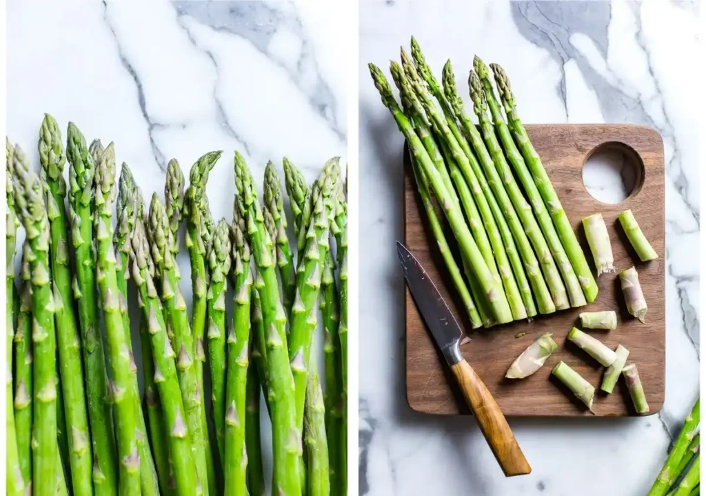 Frischer grüner Spargel vor dem Braten und vorbereiteter Spargel zum Zubereiten in der Pfanne
