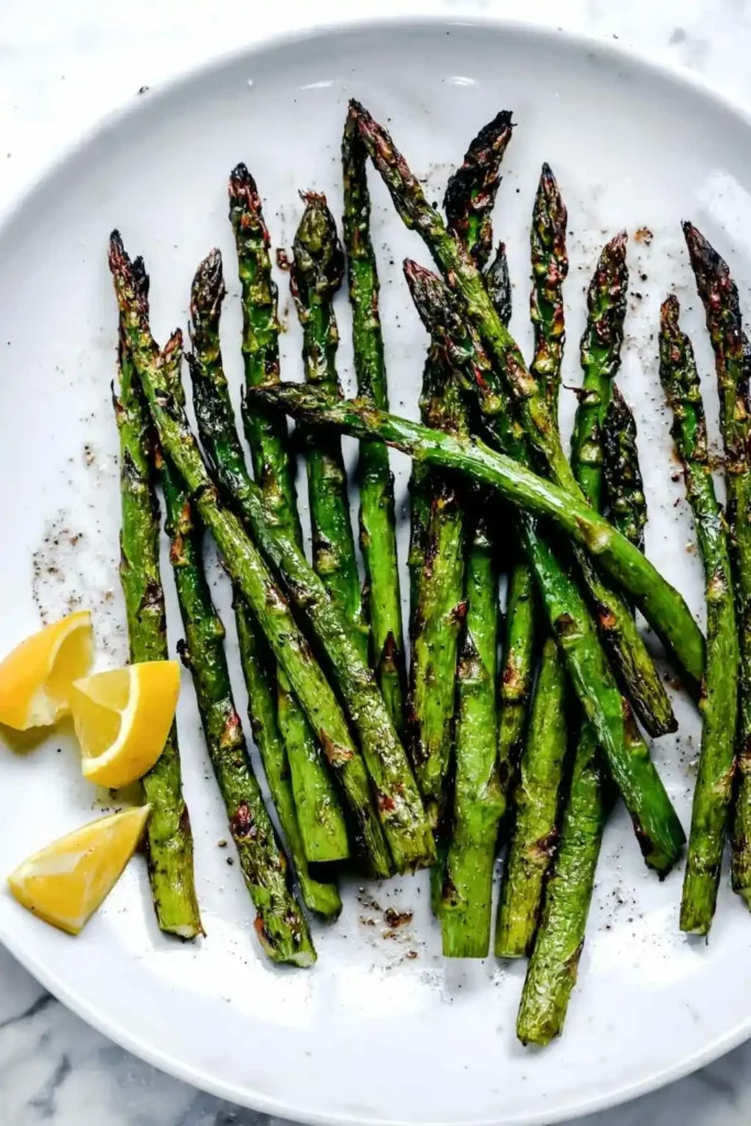 Grüner Spargel grillen mit Marinade – gegrillter Spargel vom Grill mit Zitronenspalten auf einem Teller