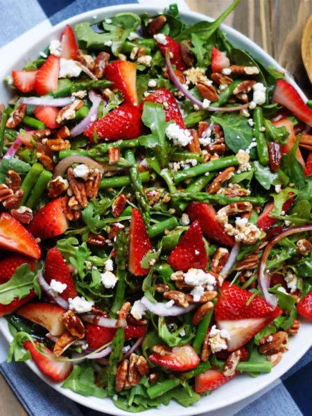 Grüner Spargelsalat mit Erdbeeren und Balsamico mit Feta, Nüssen und Rucola frisch serviert