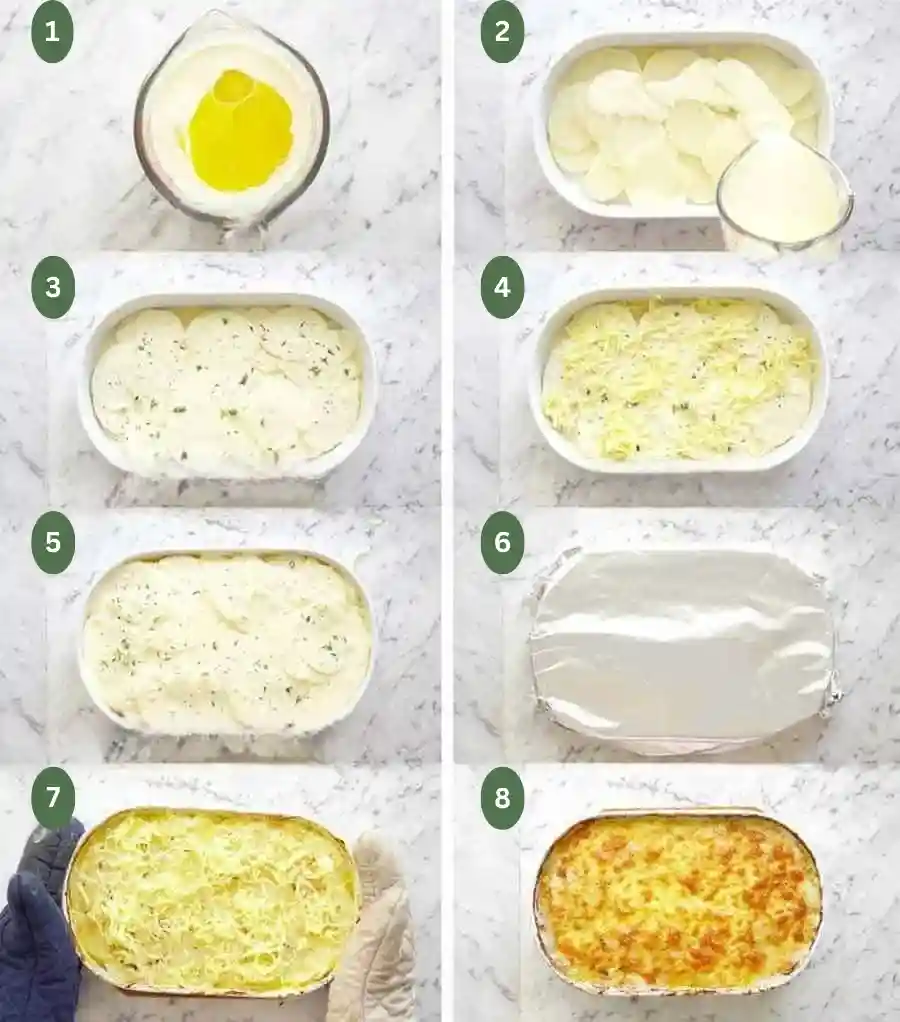 Schritt für Schritt Kartoffelgratin Rezept klassisch mit Frischkäse – Kartoffeln schichten, Sahne hinzufügen und im Ofen überbacken