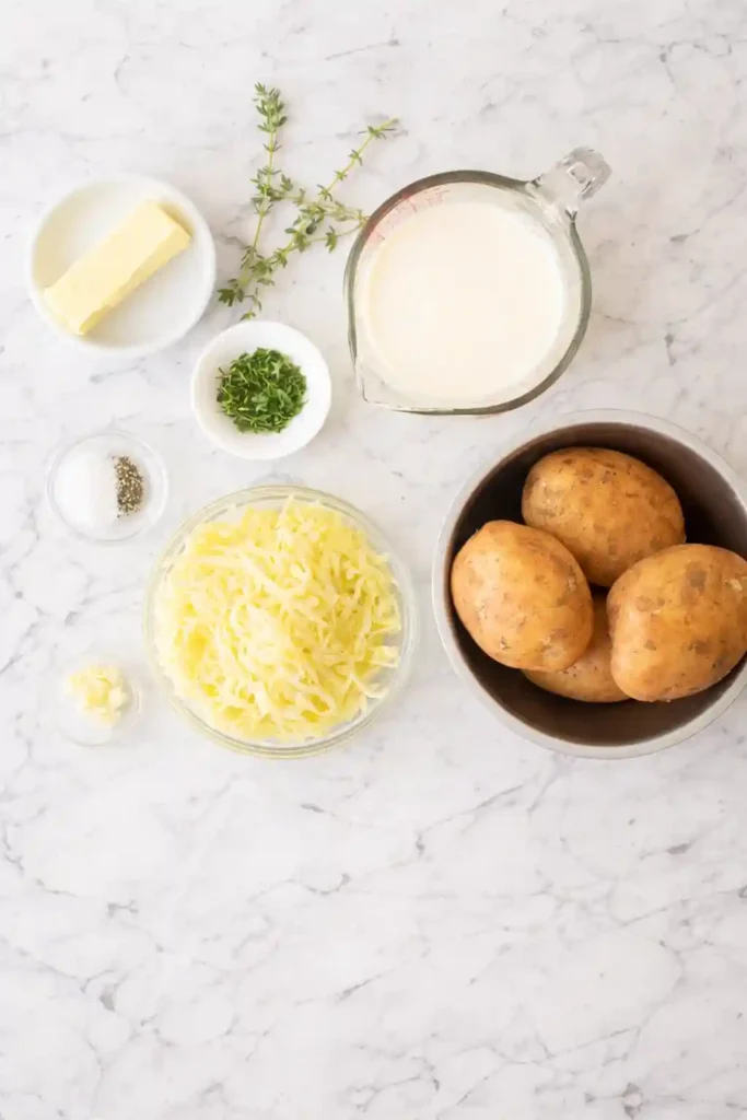 Zutaten für Kartoffelgratin Rezept klassisch mit Frischkäse – Kartoffeln, Sahne, Käse, Butter und Kräuter