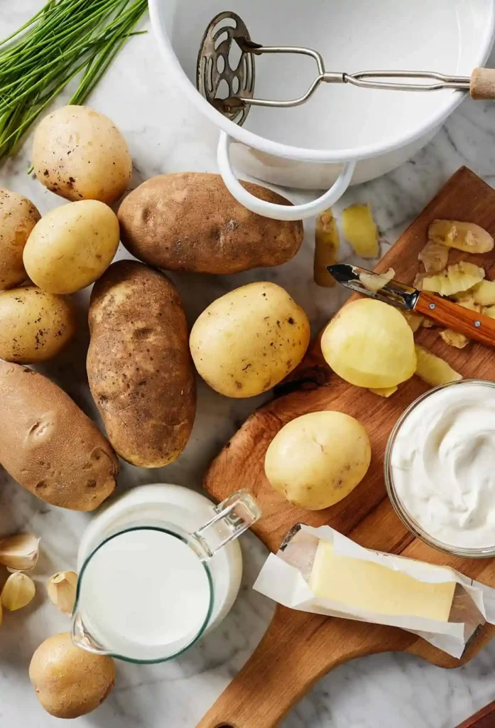 Zutaten für ein Kartoffelpüree Rezept mit Kartoffeln, Butter, Milch, Knoblauch und Kartoffelstampfer – Kartoffelpüree selber machen