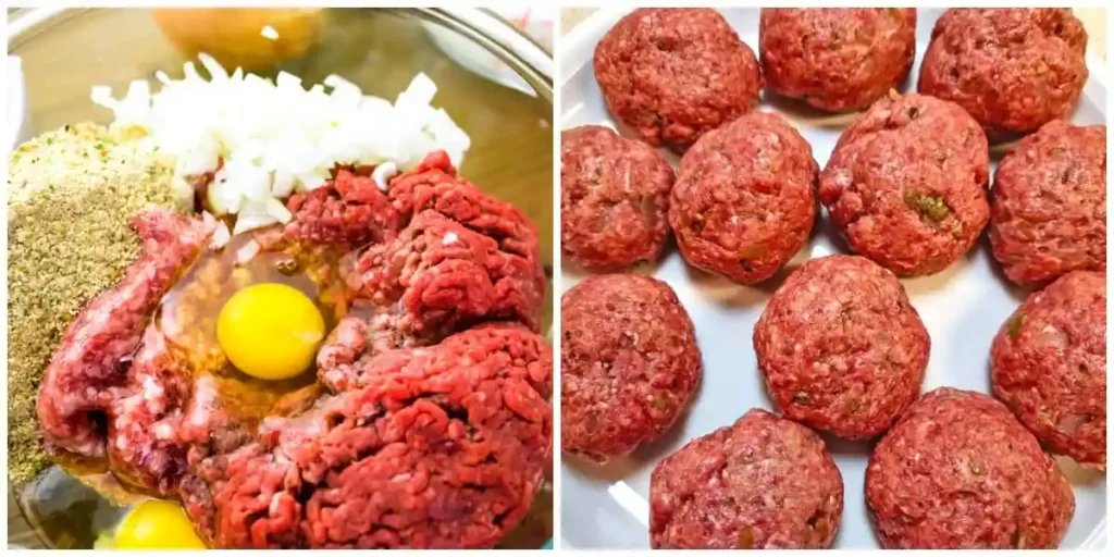 Zubereitung von Königsberger Klopse Rezept mit Kapern – Hackfleischmasse mit Ei und Zwiebeln sowie geformte Fleischklöße für Original DDR Königsberger Klopse
