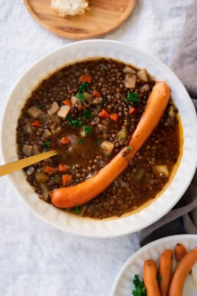 Linsensuppe Rezept wie bei Oma – klassischer Linseneintopf mit braunen Linsen, Kartoffeln und Wiener Würstchen in einer Schüssel