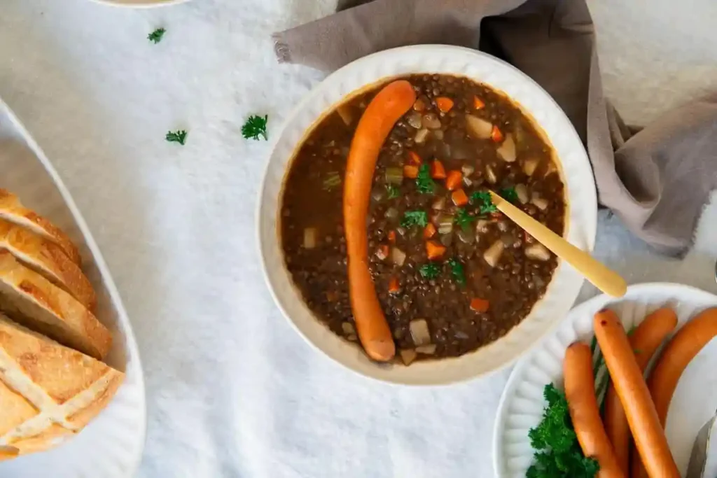 Linsensuppe Rezept wie bei Oma – klassischer Linseneintopf mit Kartoffeln, Gemüse und Wiener Würstchen, serviert mit Brot