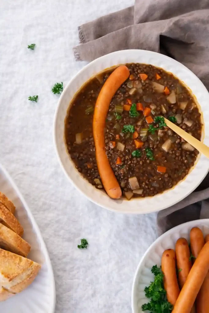 Linsensuppe Rezept wie bei Oma – klassischer Linseneintopf mit braunen Linsen, Kartoffeln und Wiener Würstchen