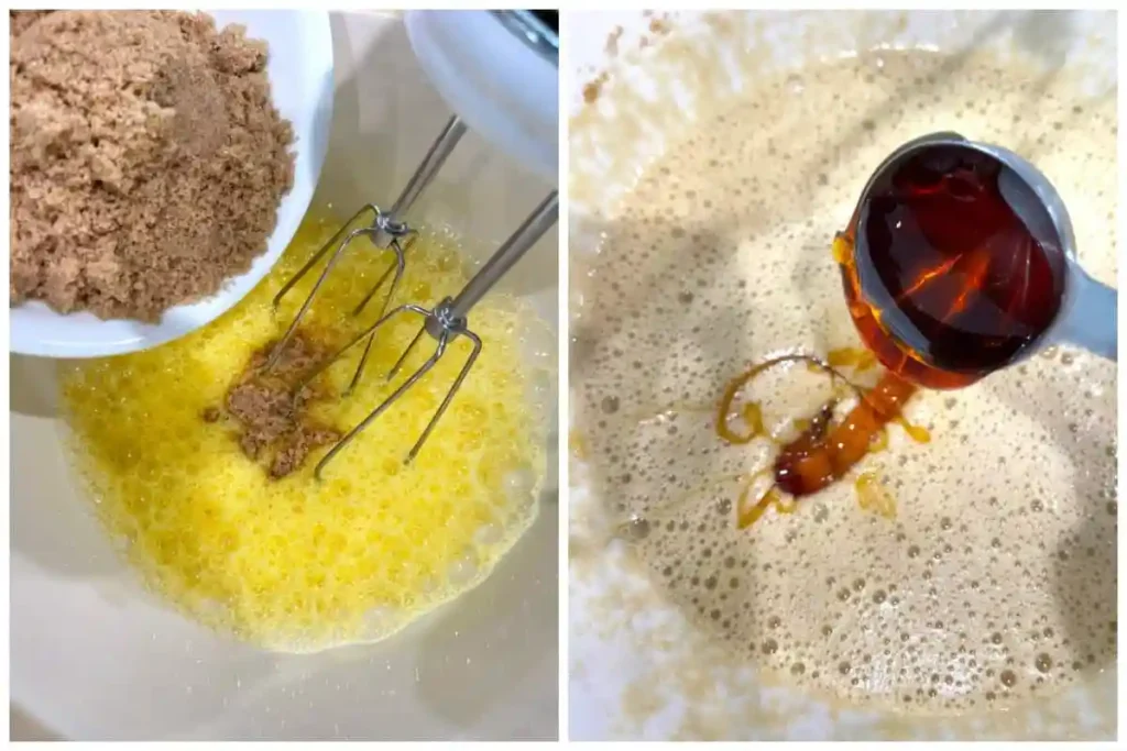 Brauner Zucker und Zuckerrübensirup werden in die Eiermasse für Berliner Brot nach Omas Rezept eingerührt