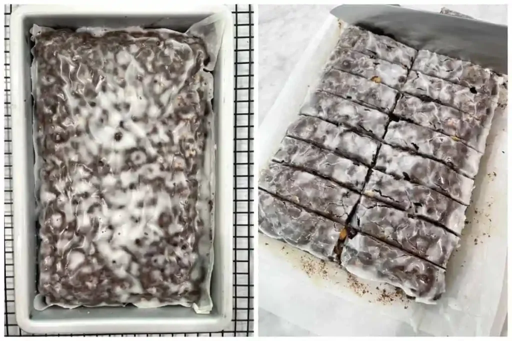 Berliner Brot nach Omas Rezept mit Zuckerguss wird in Stücke geschnitten und portioniert