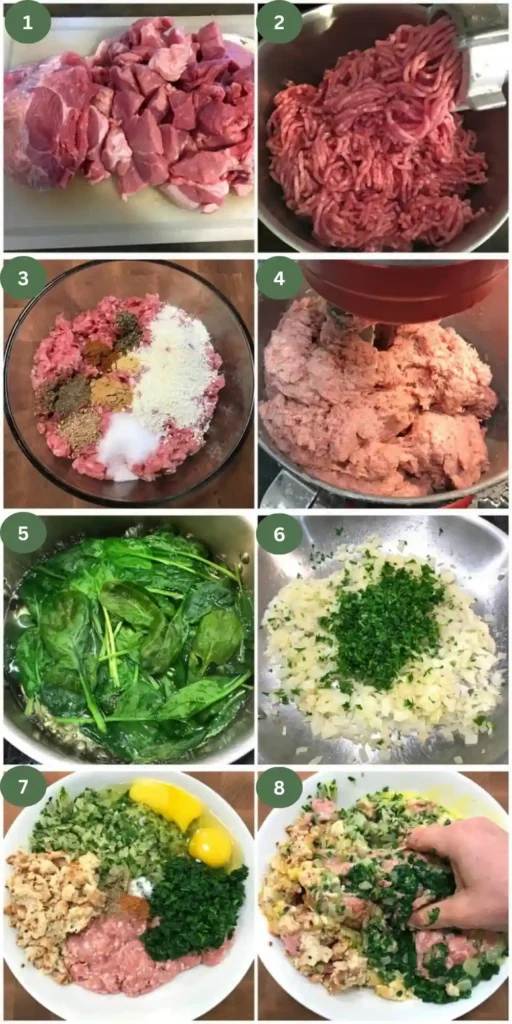 Schritt für Schritt Maultaschen Füllung zubereiten – Hackfleisch, Spinat, Zwiebeln und Gewürze für Omas Maultaschen Rezept