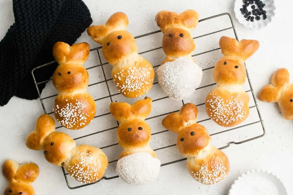 Osterhasen aus Hefeteig auf dem Gitter – fluffige Hefehasen mit Zuckerperlen nach dem Backen