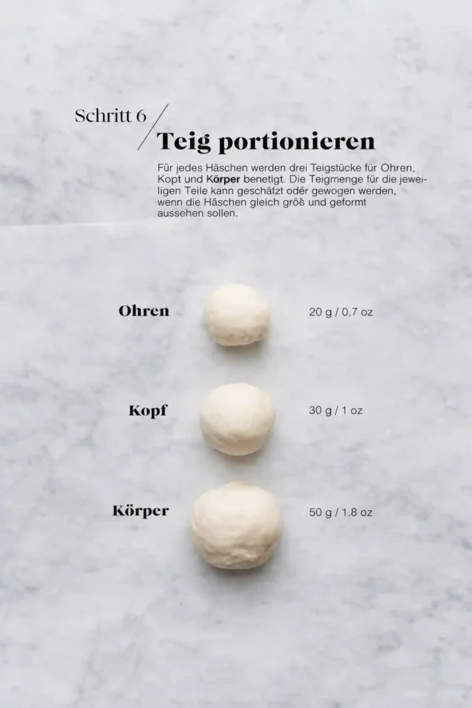Hefeteig portionieren für Osterhasen – Teigstücke für Ohren, Kopf und Körper beim Osterhasen backen aus Hefeteig
