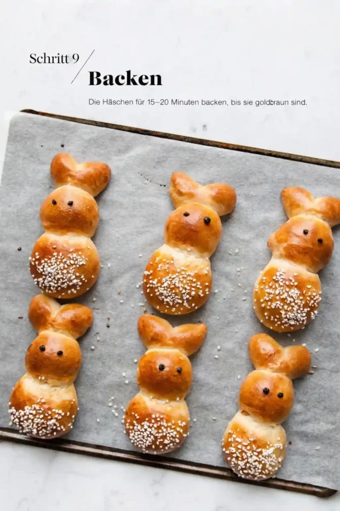 Osterhasen aus Hefeteig backen – goldbraune Hefehasen nach dem Backen auf dem Backblech