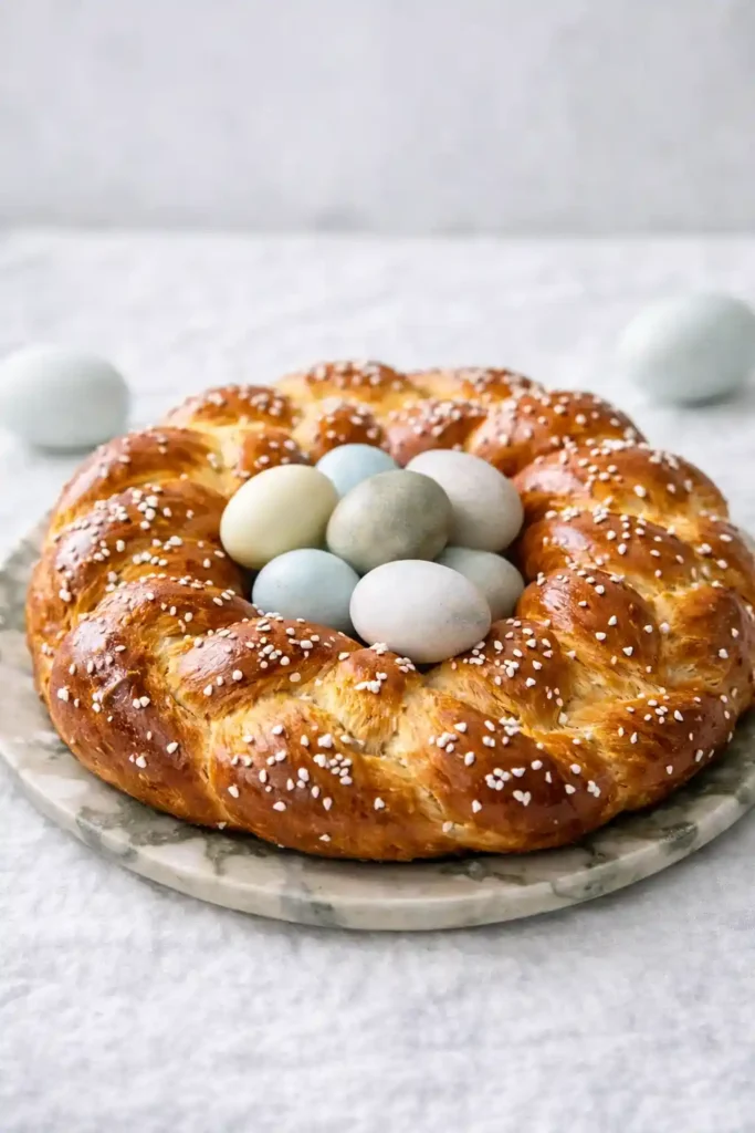 Osterkranz Rezept aus Hefeteig – goldbrauner geflochtener Osterkranz mit Hagelzucker und bunten Ostereiern wie Omas Osterkranz zum Osterfrühstück