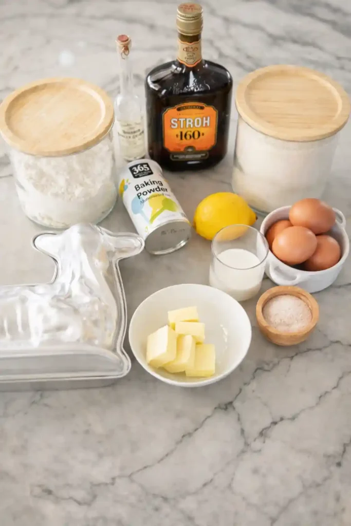 Zutaten für Omas Osterlamm Rezept – Butter, Eier, Mehl und Zitrone für den Rührteig für Osterlamm