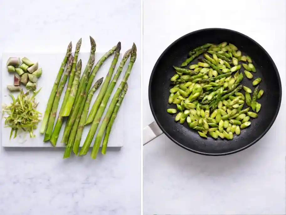 Grüner Spargel schneiden und anbraten für Pasta mit grünem Spargel – Nudeln mit Spargel Rezept Zubereitung
