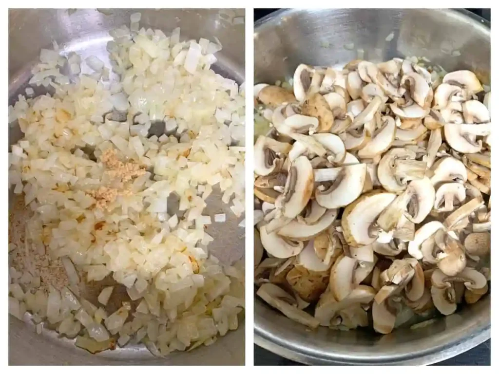 Zwiebeln, Knoblauch und Champignons anbraten – Schritt für Pilzsoße Rezept mit Champignons selber machen