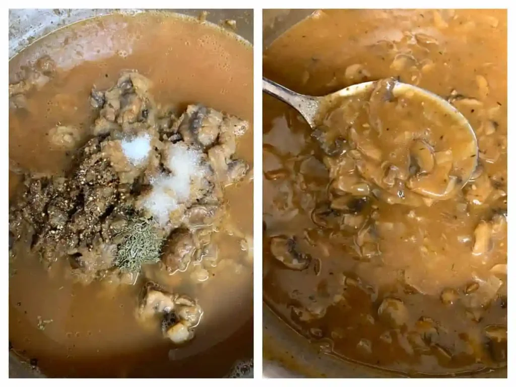 Gewürze und Brühe in Pilzsoße mit Champignons einrühren – Schritt im Pilzsoße Rezept wie im Restaurant