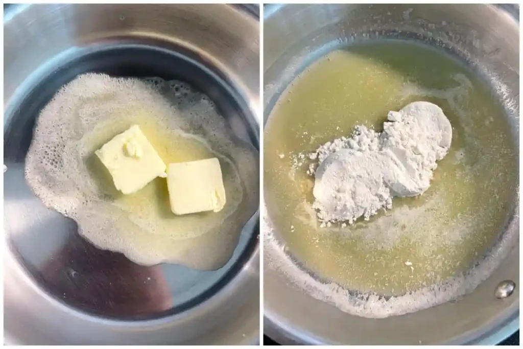 Butter und Mehl im Topf für Mehlschwitze – Grundlage für Rahmsoße Rezept mit Sahne und Rahmsoße selber machen