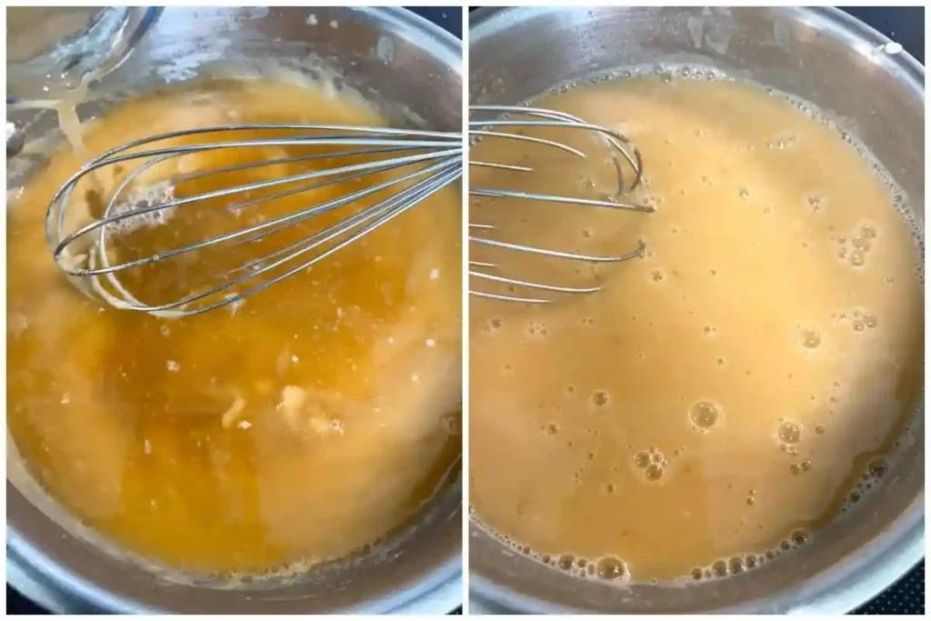 Brühe in die Mehlschwitze einrühren für Rahmsoße Rezept mit Sahne – Schritt beim Rahmsoße selber machen