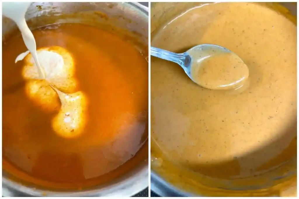 Sahne in die Rahmsoße einrühren – cremige Rahmsoße nach Rahmsoße Rezept mit Sahne selber machen