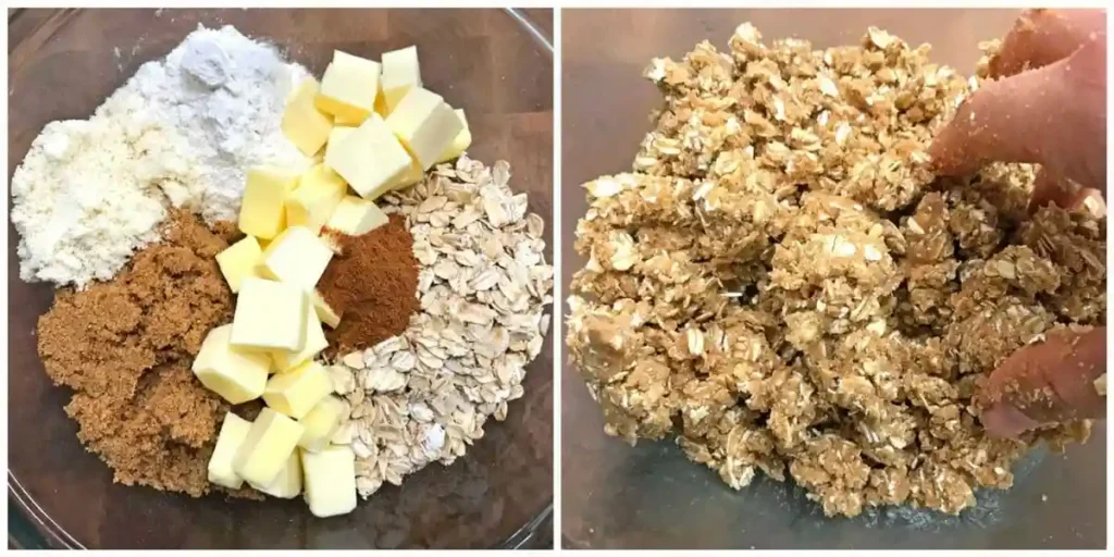 Zutaten für Rhabarber Crumble mit Haferflocken werden zu Streuseln verarbeitet – Vorbereitung der knusprigen Streuselschicht für ein Rhabarber Crumble Rezept wie bei Oma.
