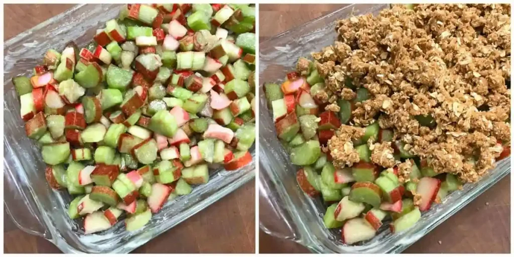 Rhabarber in Auflaufform mit Streuseln bedeckt – Vorbereitung für ein Rhabarber Crumble Rezept mit Haferflocken, klassischer Crumble mit Rhabarber vor dem Backen.