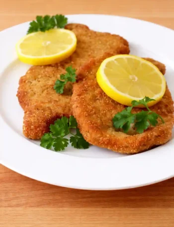 Knuspriges Schweineschnitzel mit Zitrone und Petersilie – Schnitzel richtig panieren Reihenfolge und braten nach klassischem Schnitzel Rezept