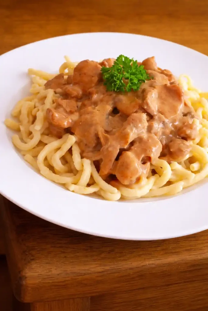 Schweinegeschnetzeltes mit pilzen und rahmsauce serviert mit Spätzle