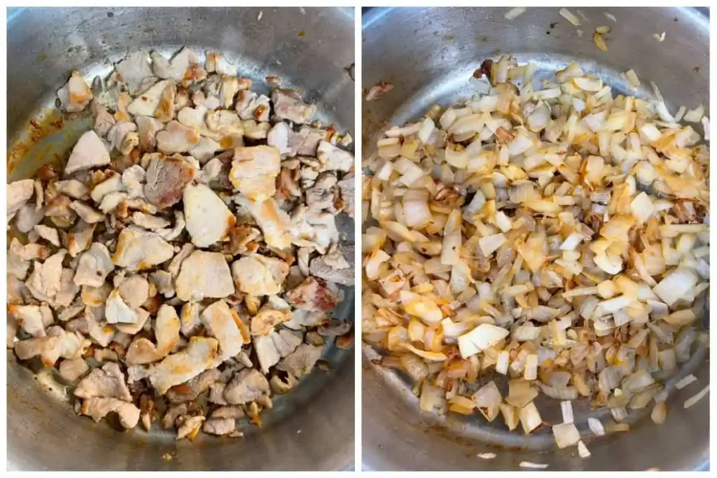 Schweinegeschnetzeltes Fleisch anbraten und Zwiebeln in der Pfanne für Rahmsauce