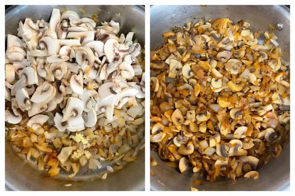 Champignons und Zwiebeln anbraten für schweinegeschnetzeltes mit pilzen und rahmsauce