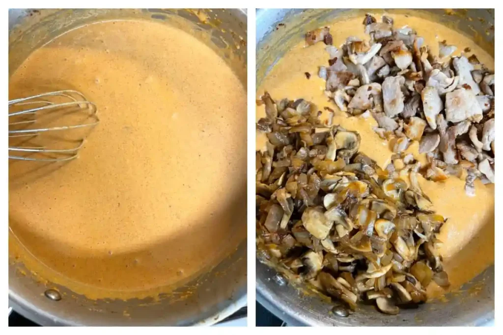 Rahmsauce zubereiten und Fleisch mit Pilzen für schweinegeschnetzeltes hinzufügen