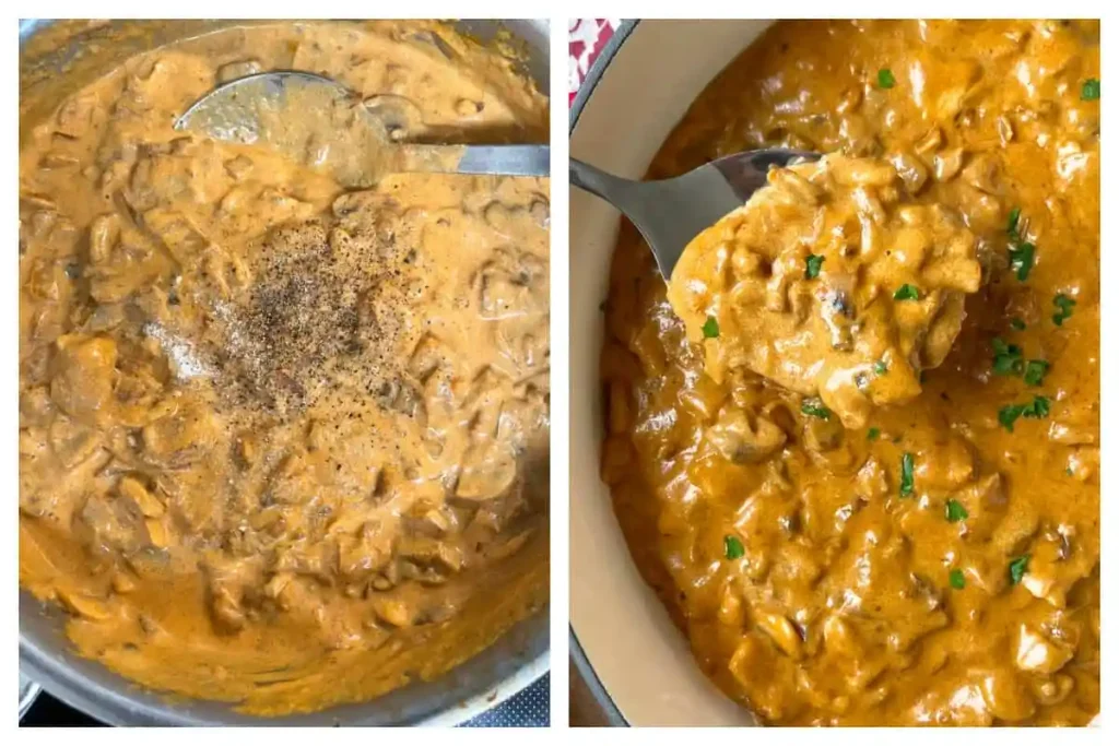 Schweinegeschnetzeltes mit pilzen und rahmsauce abschmecken und servieren