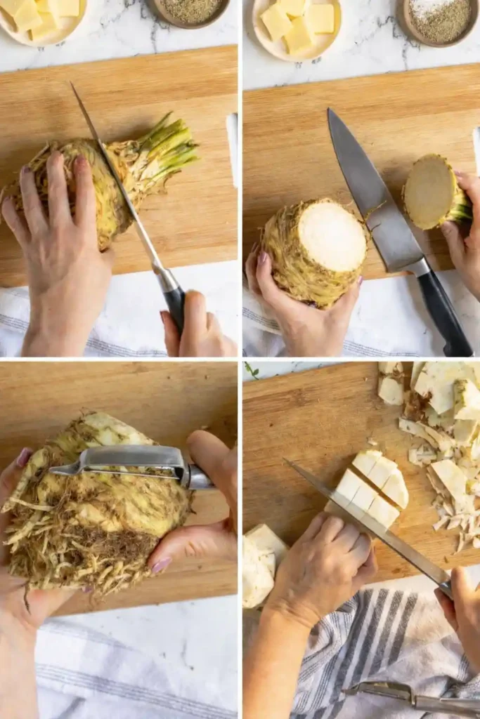 Sellerie schneiden und schälen für Selleriepüree Rezept ohne Kartoffeln Schritt für Schritt