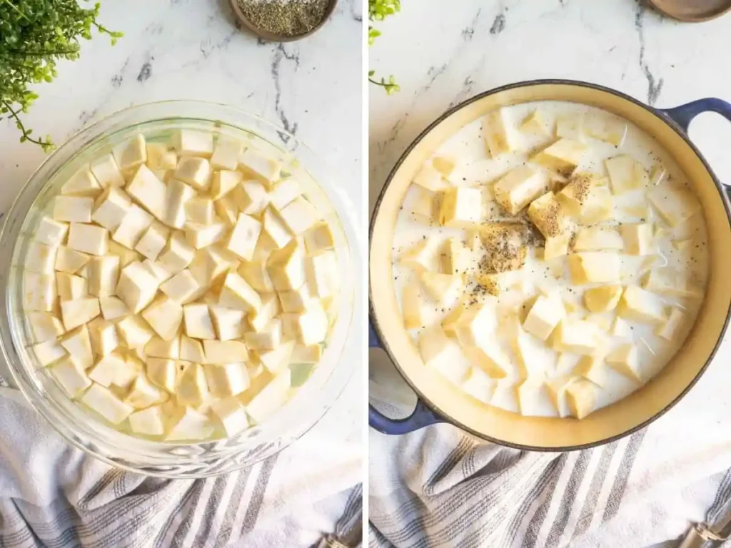 Sellerie in Milch kochen für Selleriepüree Rezept ohne Kartoffeln im Topf