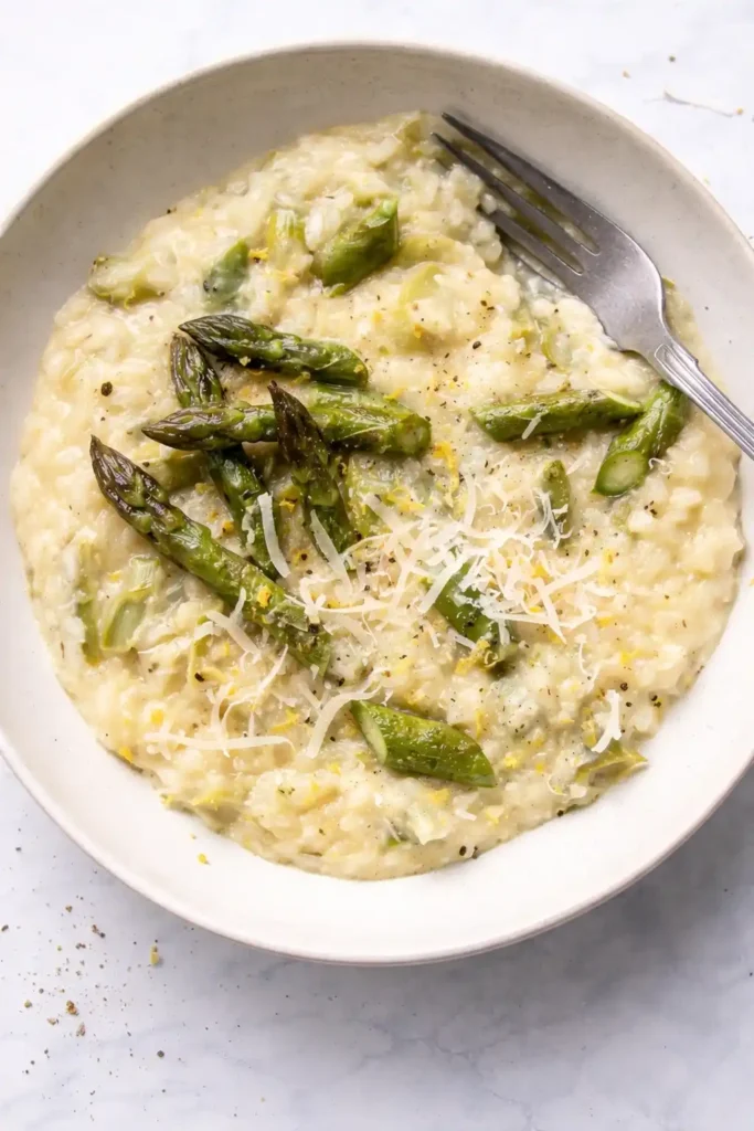 Cremiges risotto mit grünem spargel und parmesan – klassisches spargelrisotto italienisch