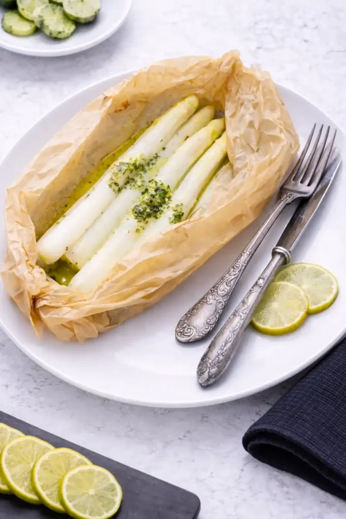 Spargel im Backpapier im Ofen gegart mit Zitrone – weißer Spargel im Backofen zubereiten