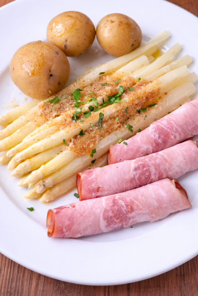 Weißer Spargel mit Kartoffeln und Schinken serviert – Spargel kochen Rezept und Spargel richtig zubereiten