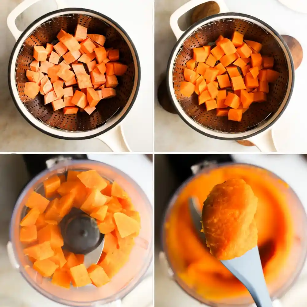 Süßkartoffelpüree Rezept Schritt für Schritt Zubereitung, Süßkartoffeln schneiden, kochen und zu cremigem Süßkartoffelpüree pürieren