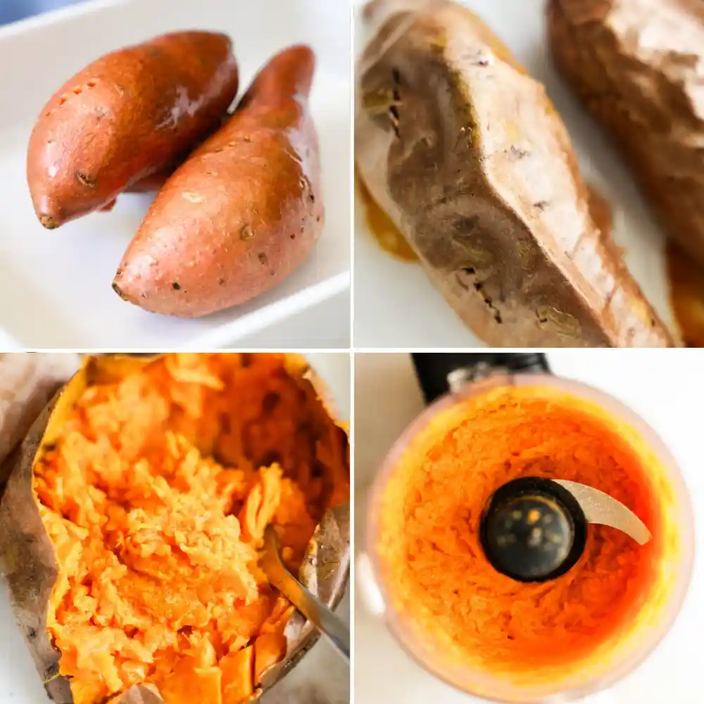 Süßkartoffelpüree Rezept Zubereitung im Backofen, Süßkartoffeln rösten, Fruchtfleisch herauslösen und zu cremigem Süßkartoffelpüree pürieren