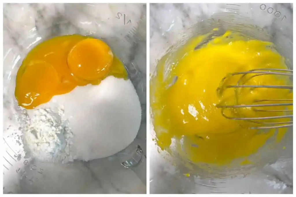 Eigelb, Zucker und Stärke verrühren für Vanillesoße Rezept – Vanillesoße selber machen