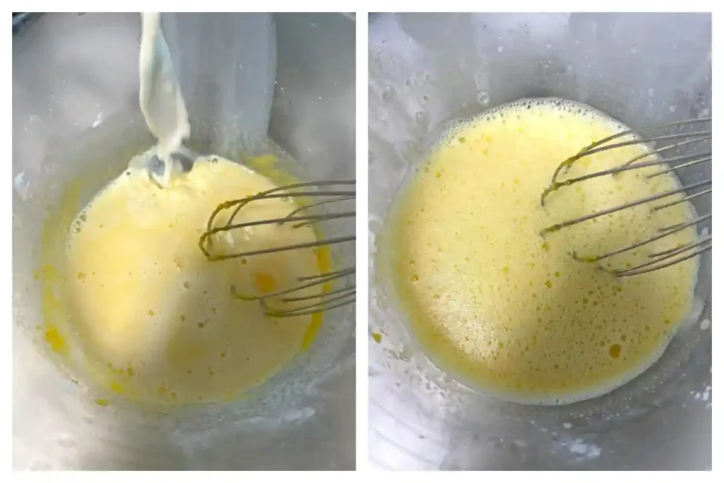 Heiße Milch in Eigelb Mischung einrühren für Vanillesoße Rezept – Vanillesauce selber machen