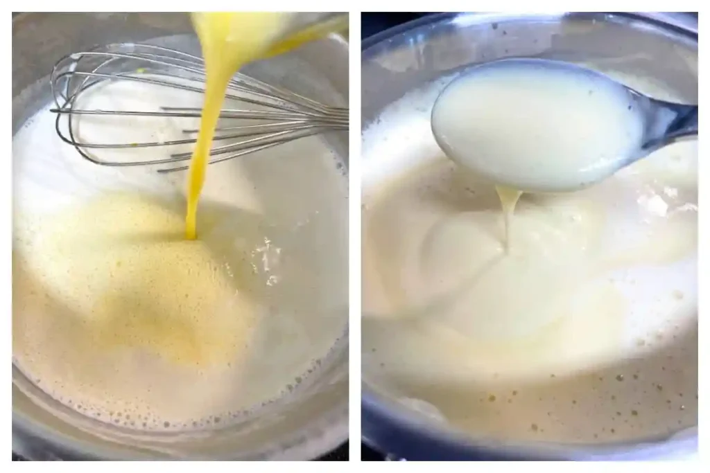 Eigelb Mischung in heiße Milch geben und Vanillesoße andicken – Vanillesoße Rezept
