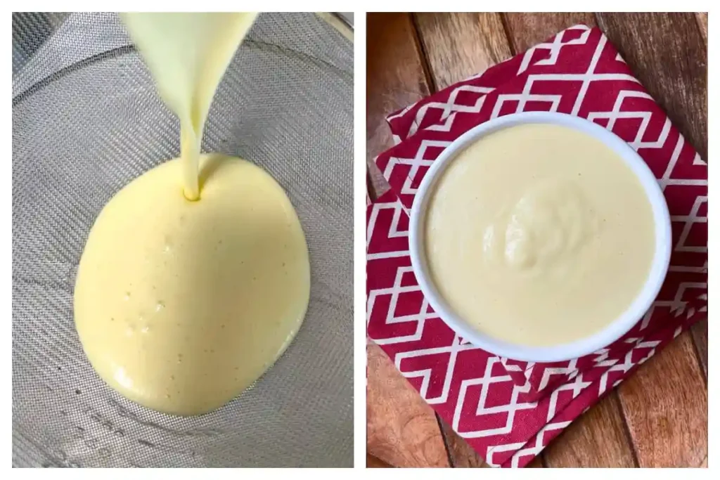 Vanillesoße durch ein Sieb gießen für eine glatte selbstgemachte Vanillesoße – Vanillesoße Rezept