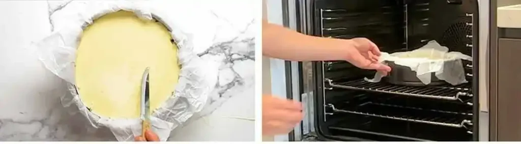 Käsemasse in der Springform glattstreichen und für baskischer Käsekuchen original Rezept in den Ofen schieben