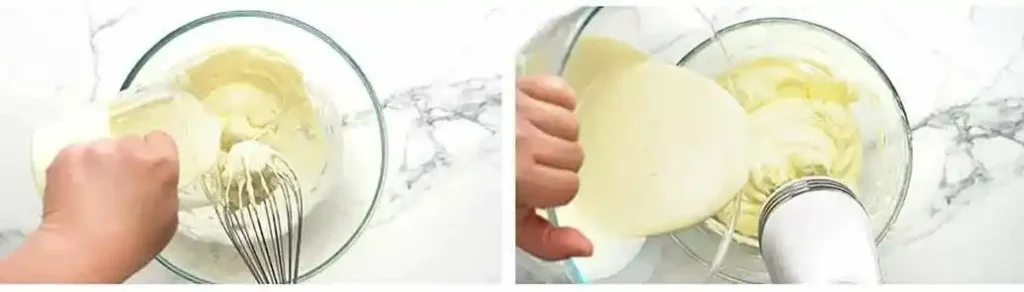 Sahnemischung zur Frischkäsemasse geben für baskischer Käsekuchen original Rezept und cremigen San Sebastian Cheesecake