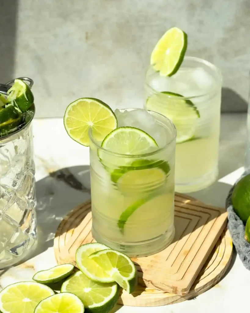 Caipirinha alkoholfrei im Glas mit Limetten und Eis als frischer Virgin Caipirinha ohne Alkohol