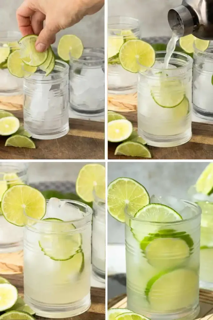 Virgin Caipirinha ohne Alkohol Schritt für Schritt im Glas mit Limetten, Eis und spritzigem Caipirinha alkoholfrei