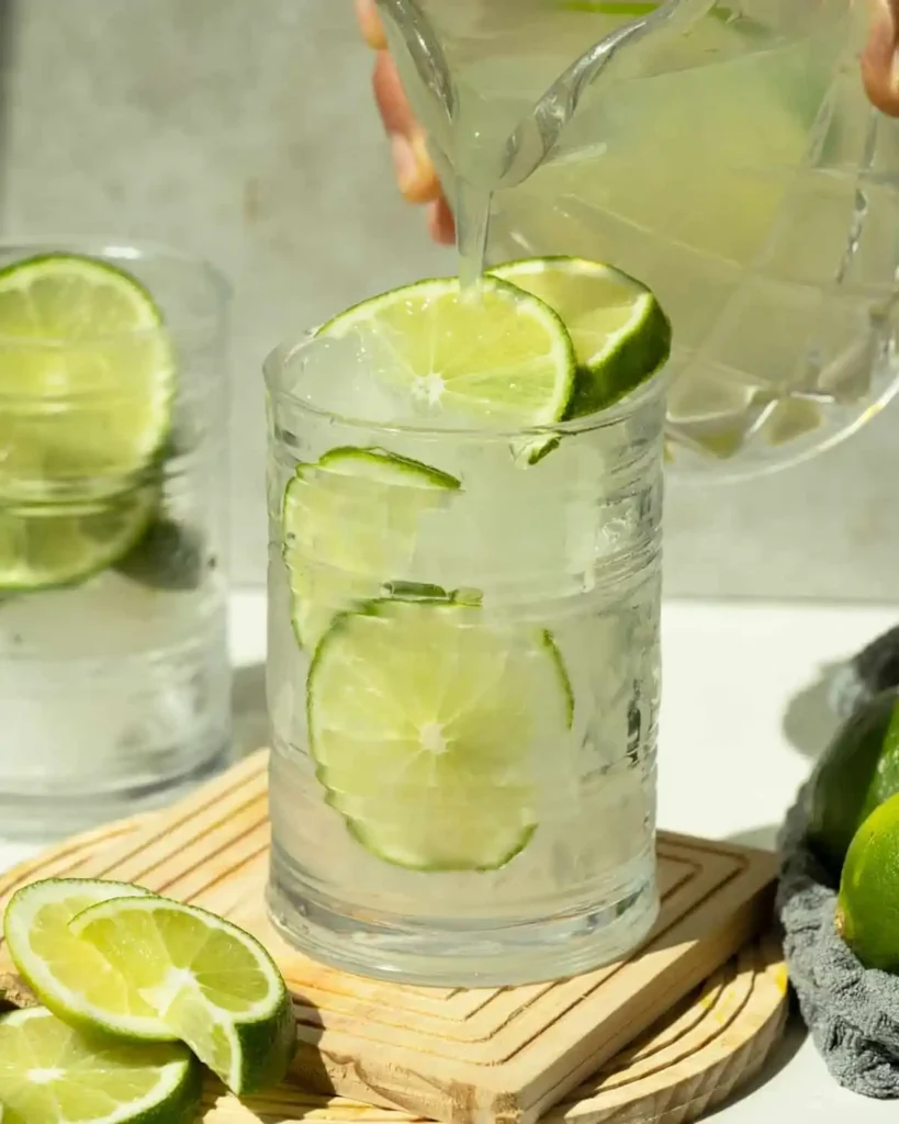 Caipirinha alkoholfrei ins Glas gießen mit Limetten, Eis und Sprudel für einen frischen Virgin Caipirinha ohne Alkohol