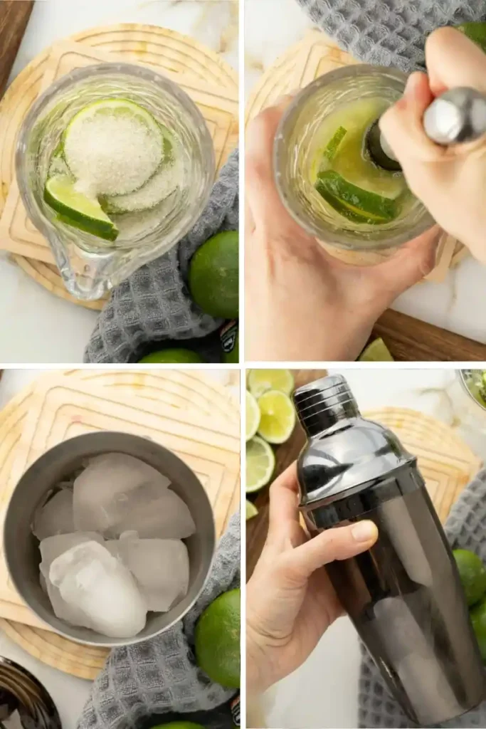 Zubereitung für Caipirinha alkoholfrei mit Limetten, Zucker, Eis und Shaker für Virgin Caipirinha ohne Alkohol